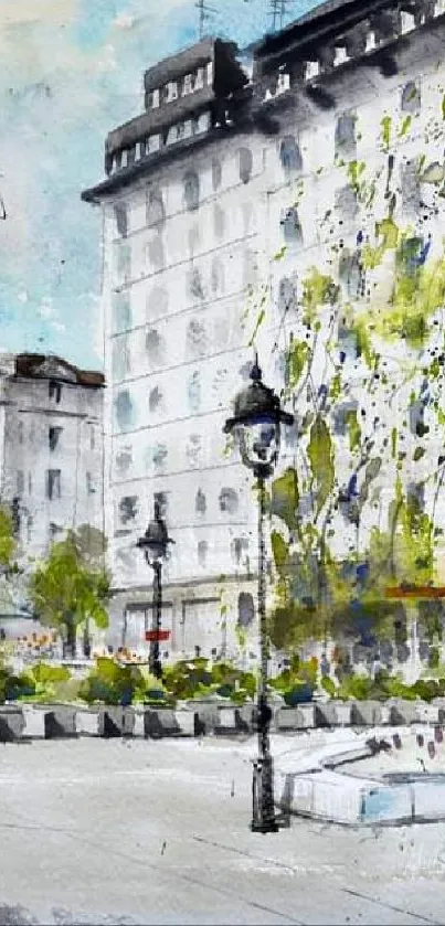 Serene watercolor cityscape with lush greenery and classic buildings.