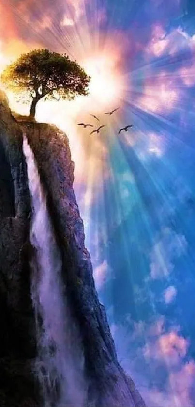 Majestic cliff waterfall with sunset rays and birds in a vibrant sky.