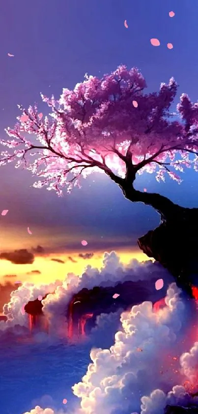 Cherry blossom tree on a cliff at sunset.