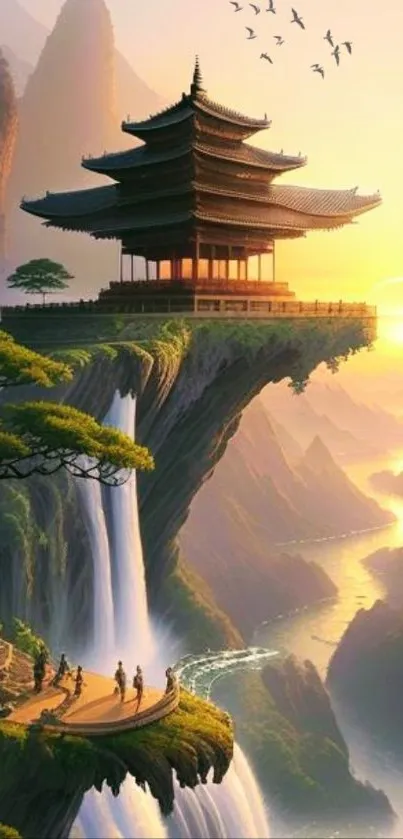 Serene pagoda on cliff at sunrise with waterfalls and lush mountains.