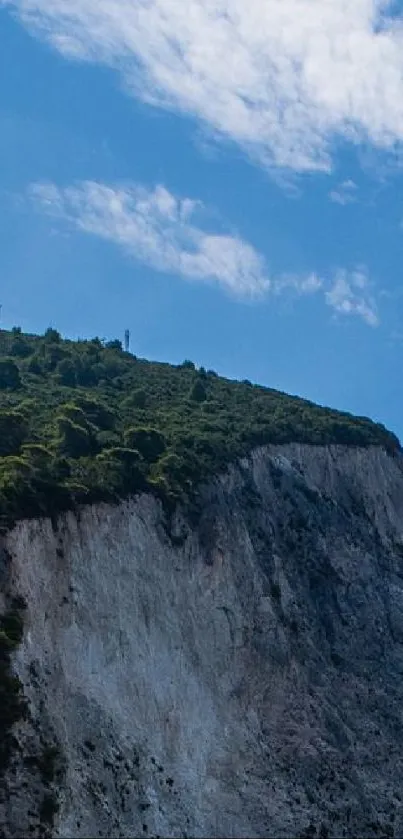 A serene cliffside view under a bright blue sky with lush green trees.