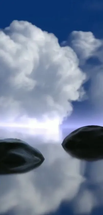 Tranquil clouds reflecting over water with rocks