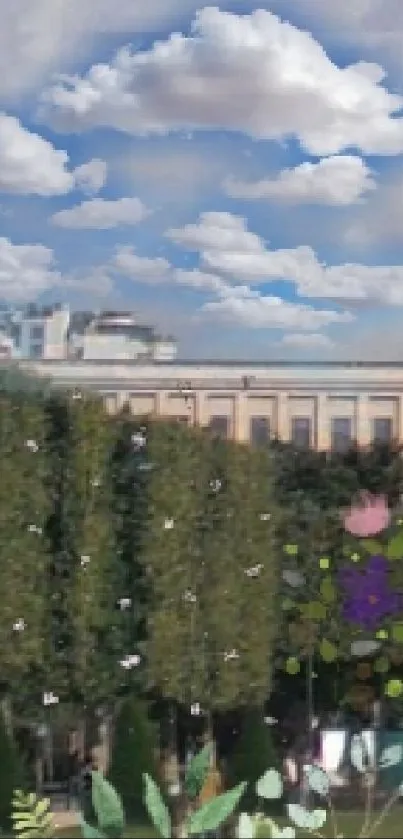 Cityscape with fluffy clouds and trees.