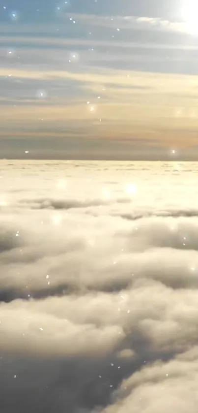 Serene sunrise over a cloudscape with sparkles.