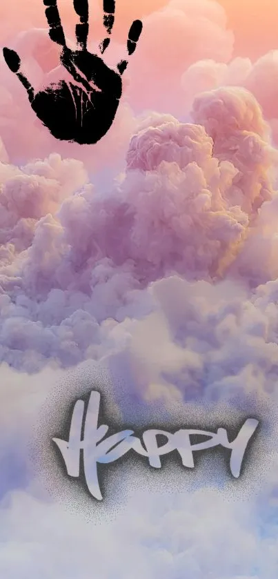 Mobile wallpaper with happy handprint on pastel clouds.