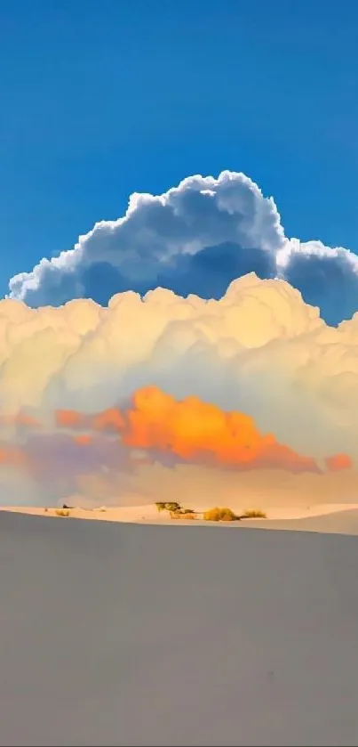 Vibrant clouds over a serene desert landscape with a blue sky.