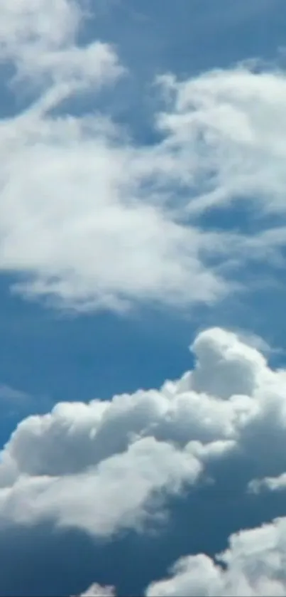 Serene wallpaper featuring blue sky and fluffy white clouds.