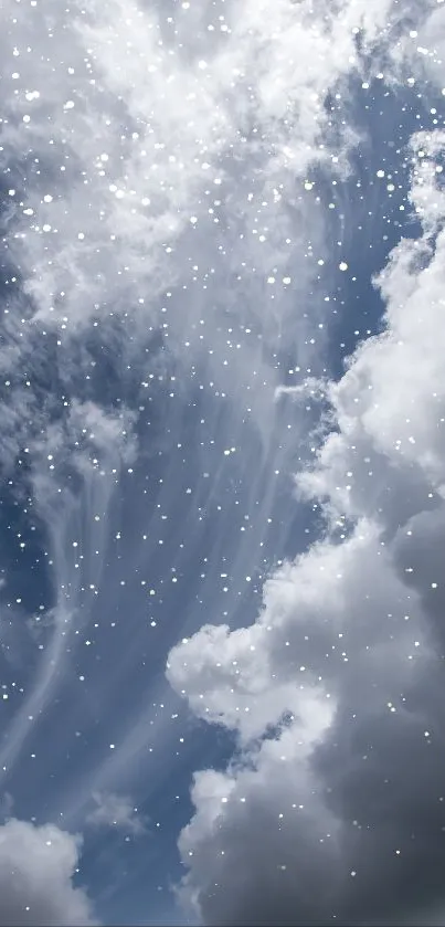 Peaceful blue sky with dramatic white clouds.