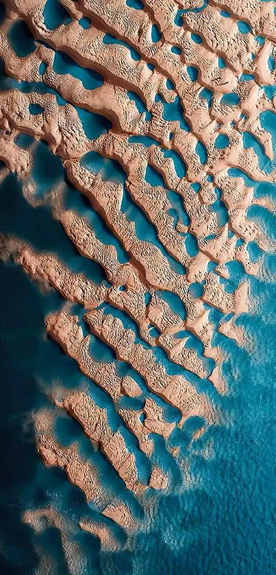 Aerial view of coastal landscape with sand and teal blue ocean.