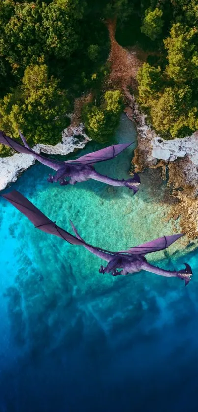 Aerial view of tranquil coastline with lush forest and blue waters.