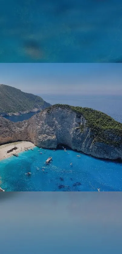 A scenic beach and ocean view with clear blue waters and cliffs.