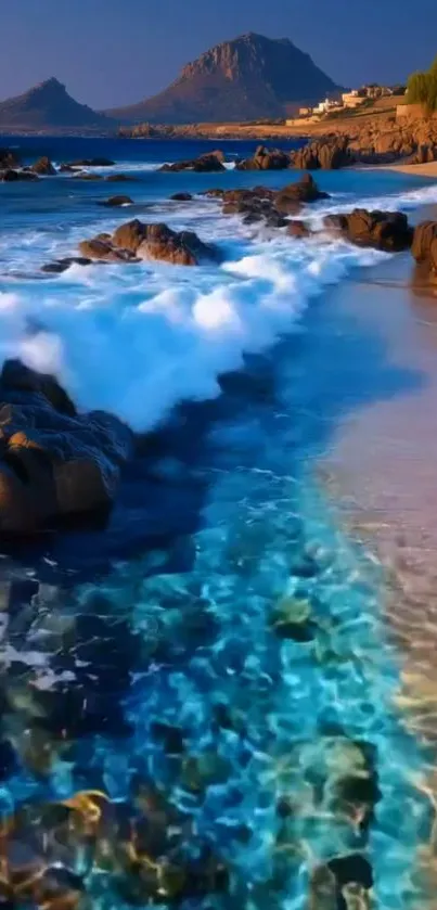 Beautiful coastal beach with blue sea and rocky shore under a clear sky.