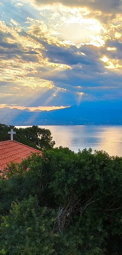 Tranquil coastal church with sunset and nature surroundings.