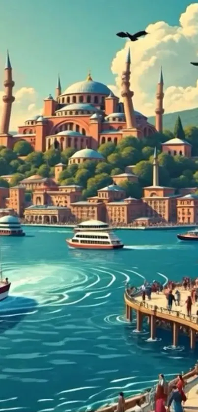 Cityscape with vibrant harbors and stunning architecture under a blue sky.