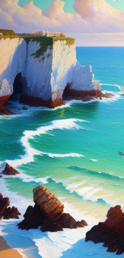 Coastal cliff with turquoise waters and seagulls flying above.