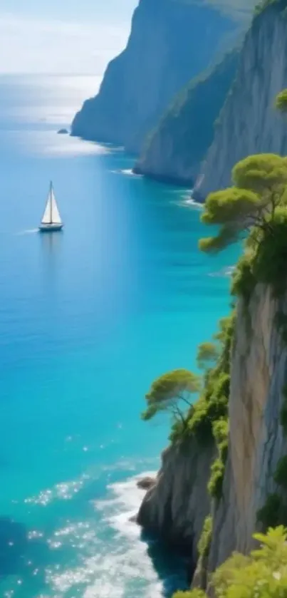 Sailboat near a sunlit coastal cliff with turquoise waters.