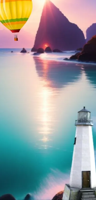 Lighthouse and hot air balloon at sunset by the ocean.