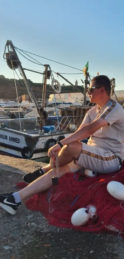 Person mending fishing nets by boat on a sunny coastal morning.