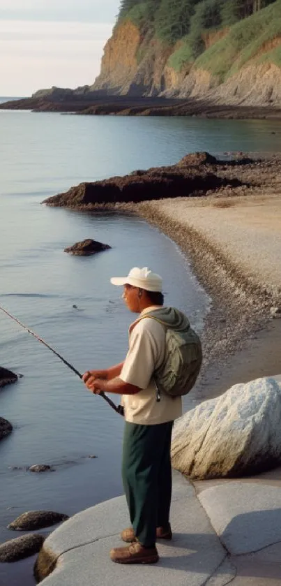 A fisherman casting a line on a peaceful coastline, surrounded by natural beauty.