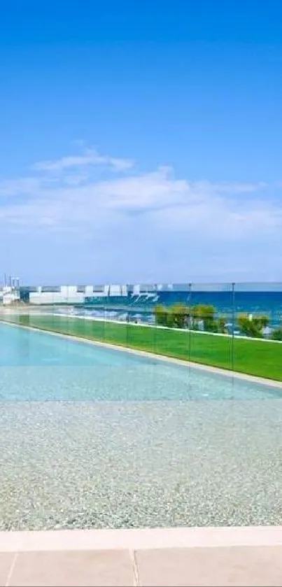 Infinity pool with ocean view and clear blue sky.