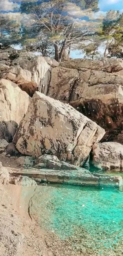 Scenic coastal landscape with turquoise waters and rocky cliffs.