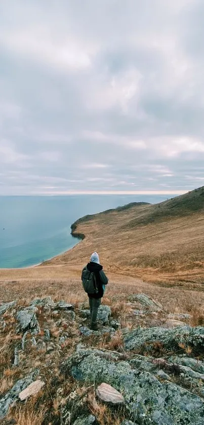 Person standing on rocky coast overlooking a serene sea under a cloudy sky.