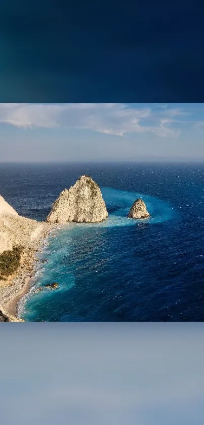 A serene coastal scene with cliffs and deep blue ocean under a vibrant sky.