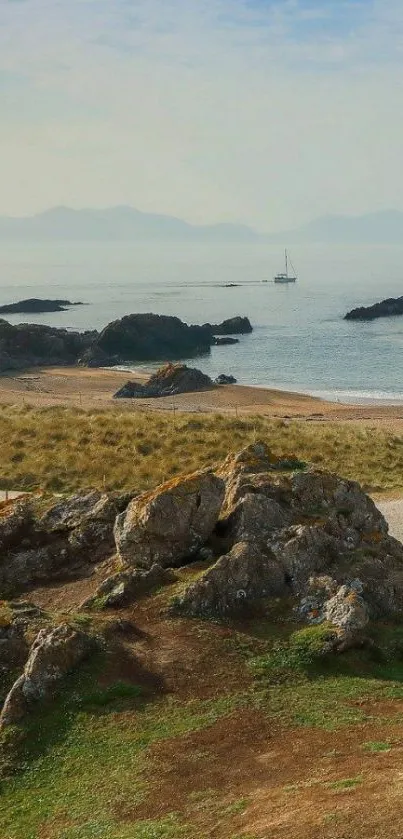 Scenic coastal landscape with rocky shores and tranquil ocean view.