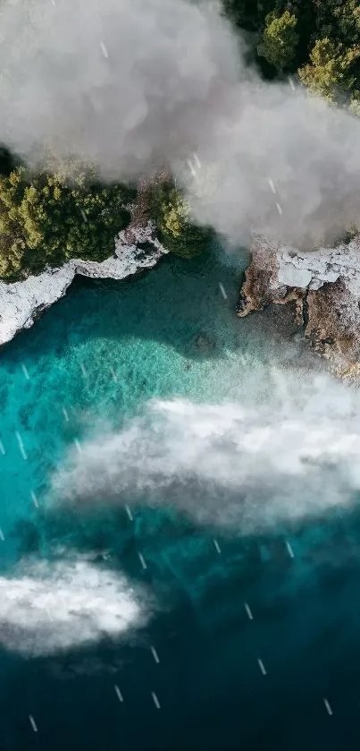 Aerial view of a serene coastal landscape with blue waters and lush greenery.