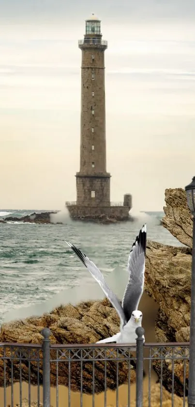 Coastal lighthouse with seagull flying over rocky shoreline, serene ocean view.