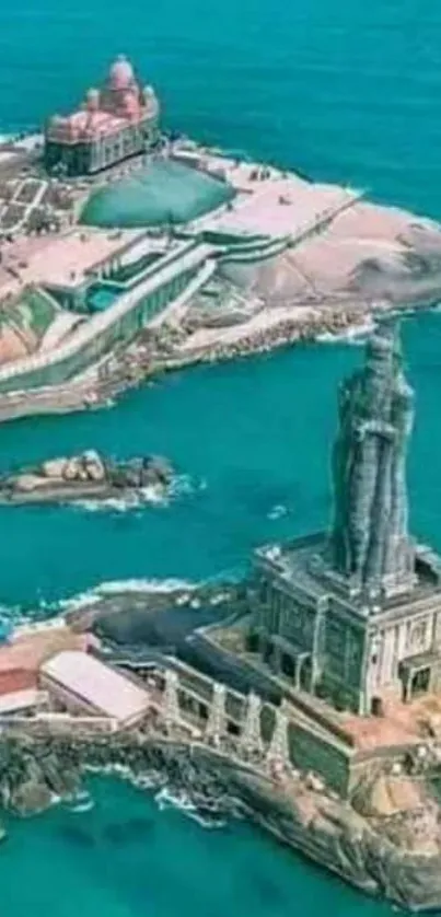 Aerial view of turquoise ocean and coastal monument.