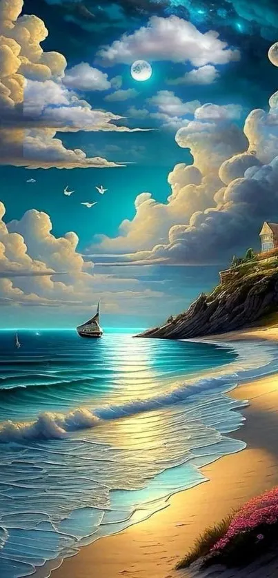 Moonlit coastal scene with lighthouse and ocean waves at night.