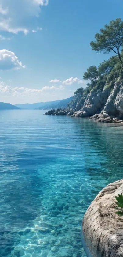 Serene coastal paradise with blue waters and rocky cliffs.