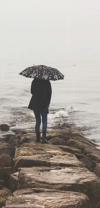 Person with umbrella on rocky shore in the rain.