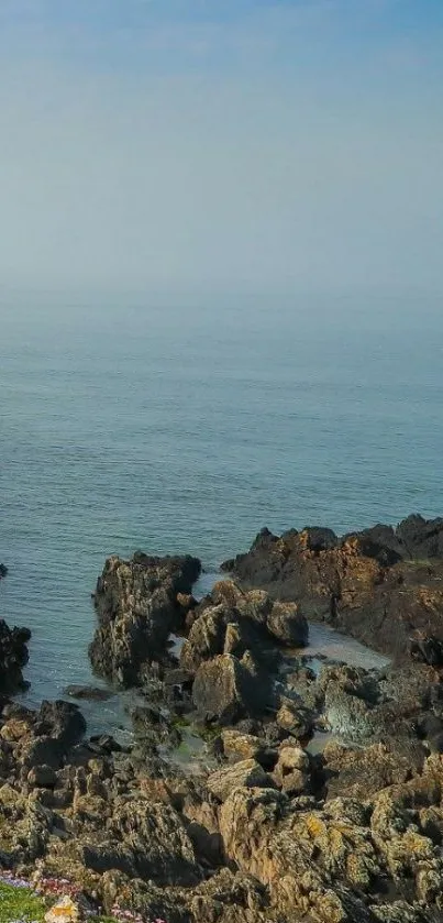 Serene view of coastline with rocks and ocean waves.