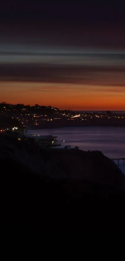 Serene coastal sunset over ocean with vibrant evening sky.