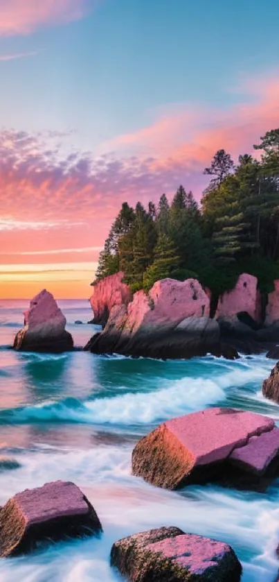 Beautiful coastal sunset with pink skies and rocky shoreline.