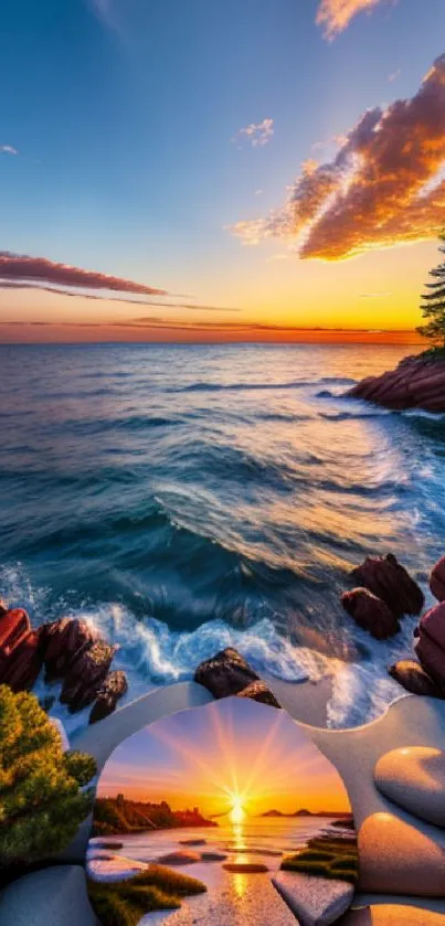 Coastal sunset with vibrant ocean waves and colorful sky.