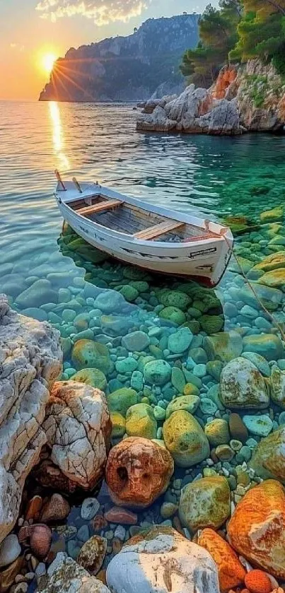 Boat floats on clear turquoise waters during sunset near rocky coast.