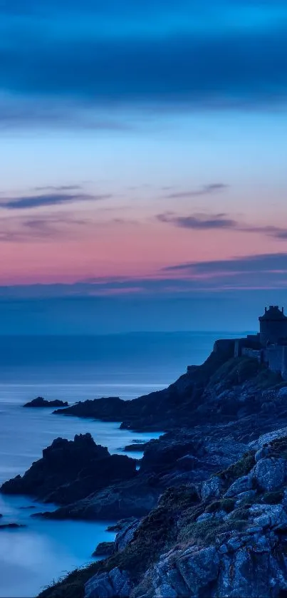 Serene twilight scene of coastal cliffs and ocean.
