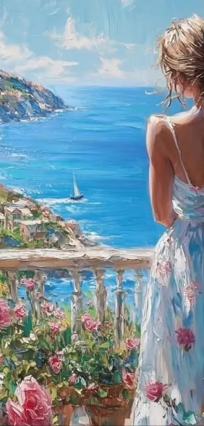 A woman in a floral dress gazes at the ocean from a balcony with pink flowers.