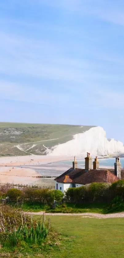 Serene coastal landscape with cliffs and lush green scenery.