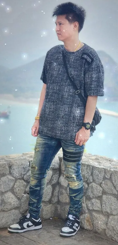 Young man standing on a stone wall by the serene coast.