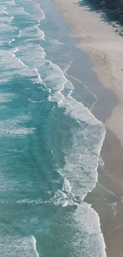 A soothing coastal scene with gentle waves and sandy beach.