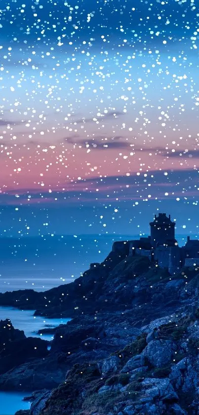 Serene coastal castle under a starry night sky with a gentle snow effect.