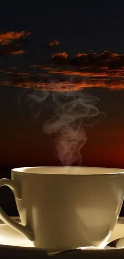 Steaming coffee cup with sunset backdrop, perfect mobile wallpaper.