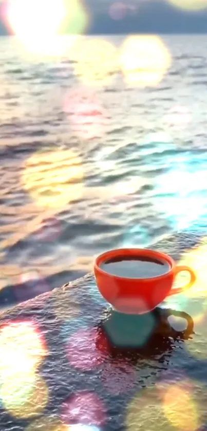 Orange coffee cup by the sea with bokeh lights.