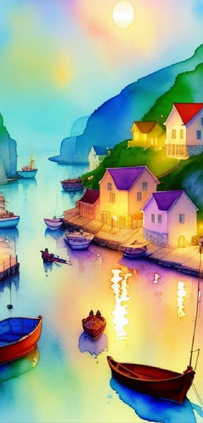 Colorful watercolor-style harbor scene at sunset.