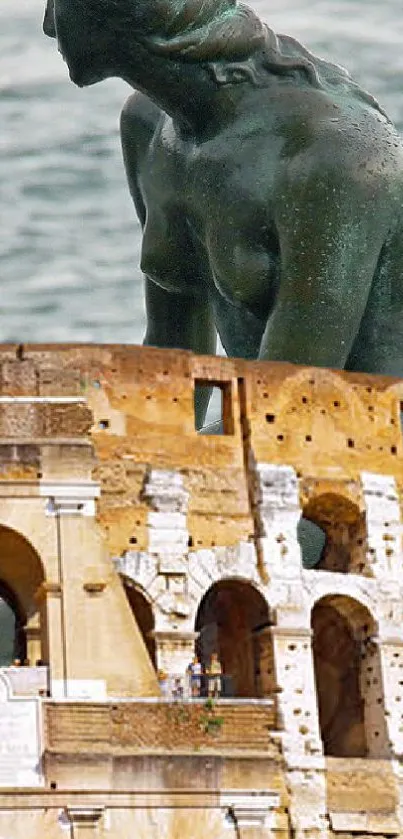 Mobile wallpaper of a statue against the Colosseum and tranquil sea.