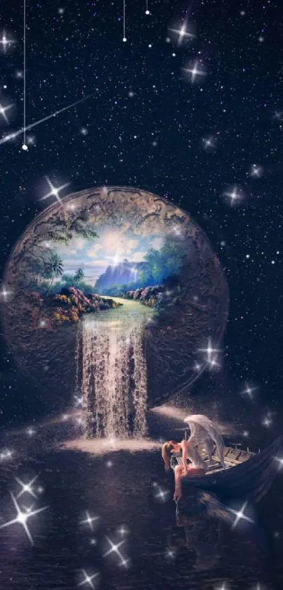 Enchanting cosmic fantasy mobile wallpaper with stars and waterfall.